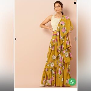 Mustard Floral Georgette Frilled Pre-Stitched Saree (Without Blouse)